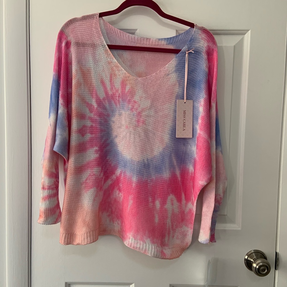 Pink and Blue Tie-Dye V-Neck Sweater